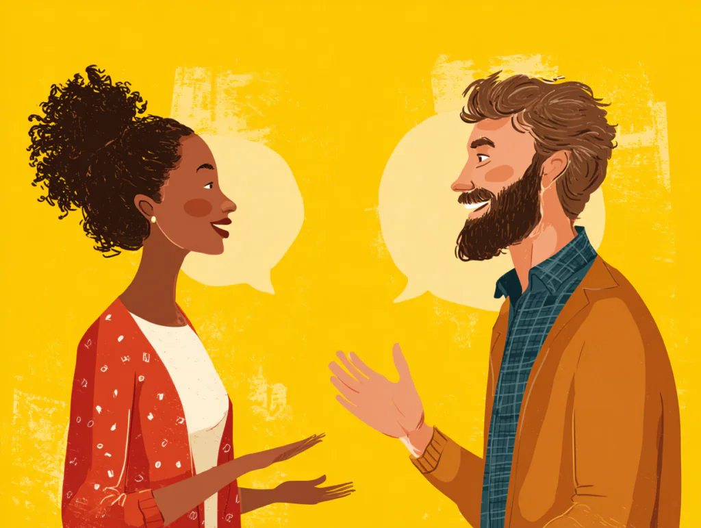 A man and a woman have a friendly conversation