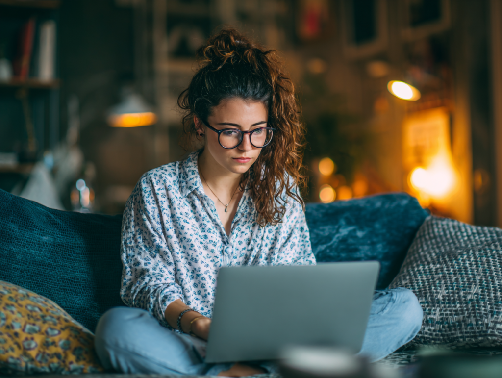 A woman is seated on a couch, working on her laptop,